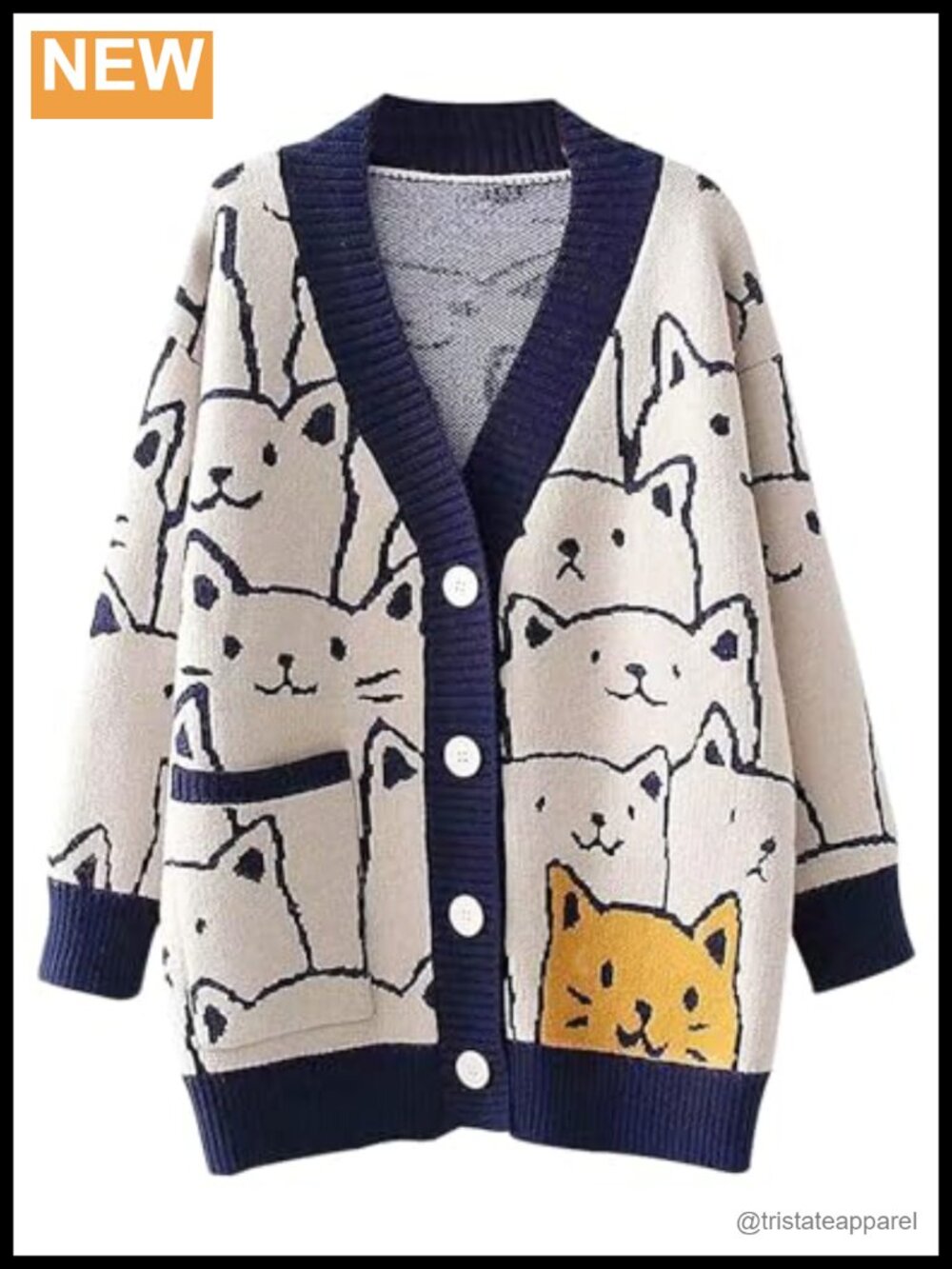 Oversized Kawaii Cat Cardigan Sweater for Women V-Neck Button Down Knitted Long